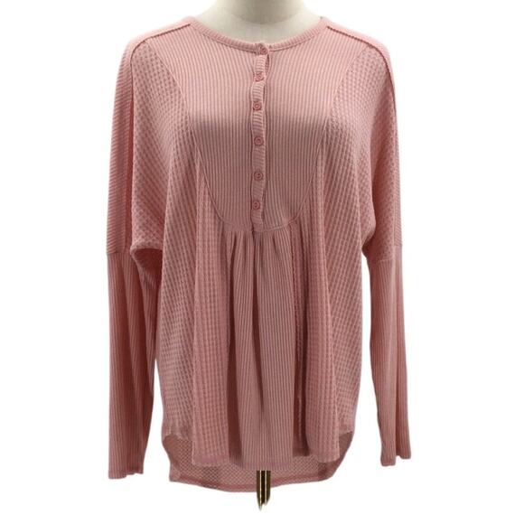 GIBSON LOOK M pink blush long sleeve button waffle knit top blouse NWT B65 - Picture 1 of 6